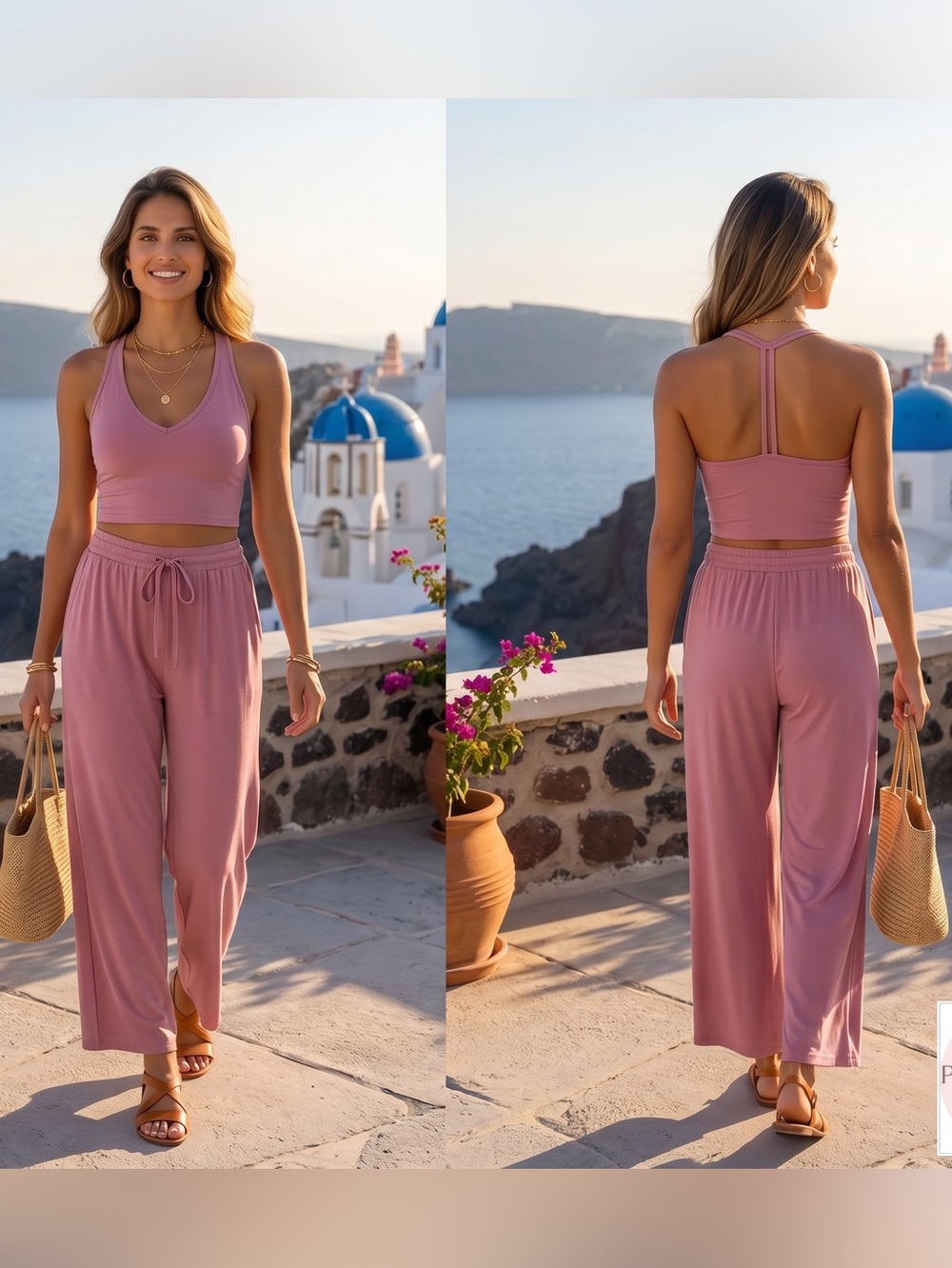 Lounge set V-Neck Crop Tank & Wide-Leg Lounge Pants - Blush Pink Medium New